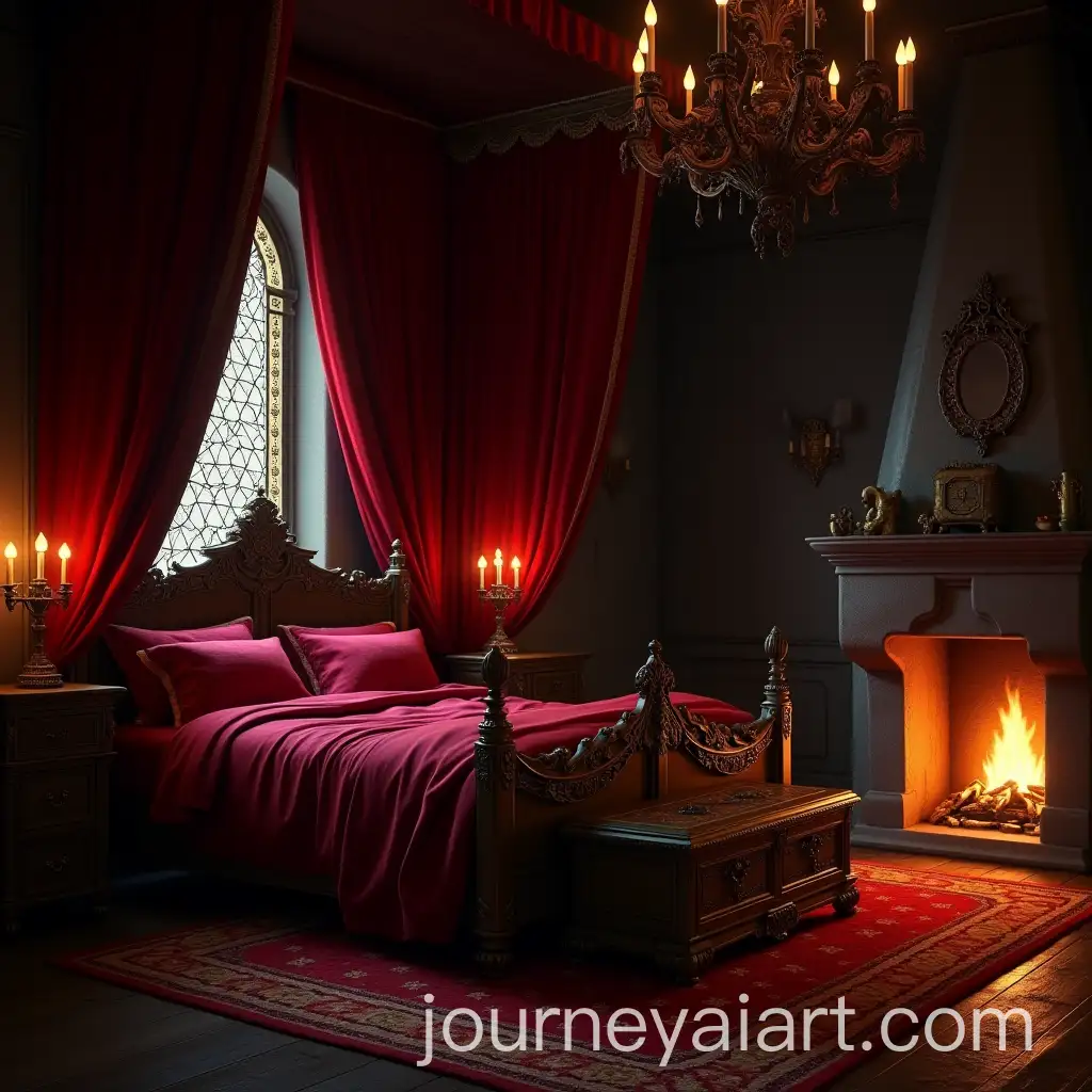 Luxurious-Bedroom-with-Crimson-Canopy-Bed-and-Fireplace