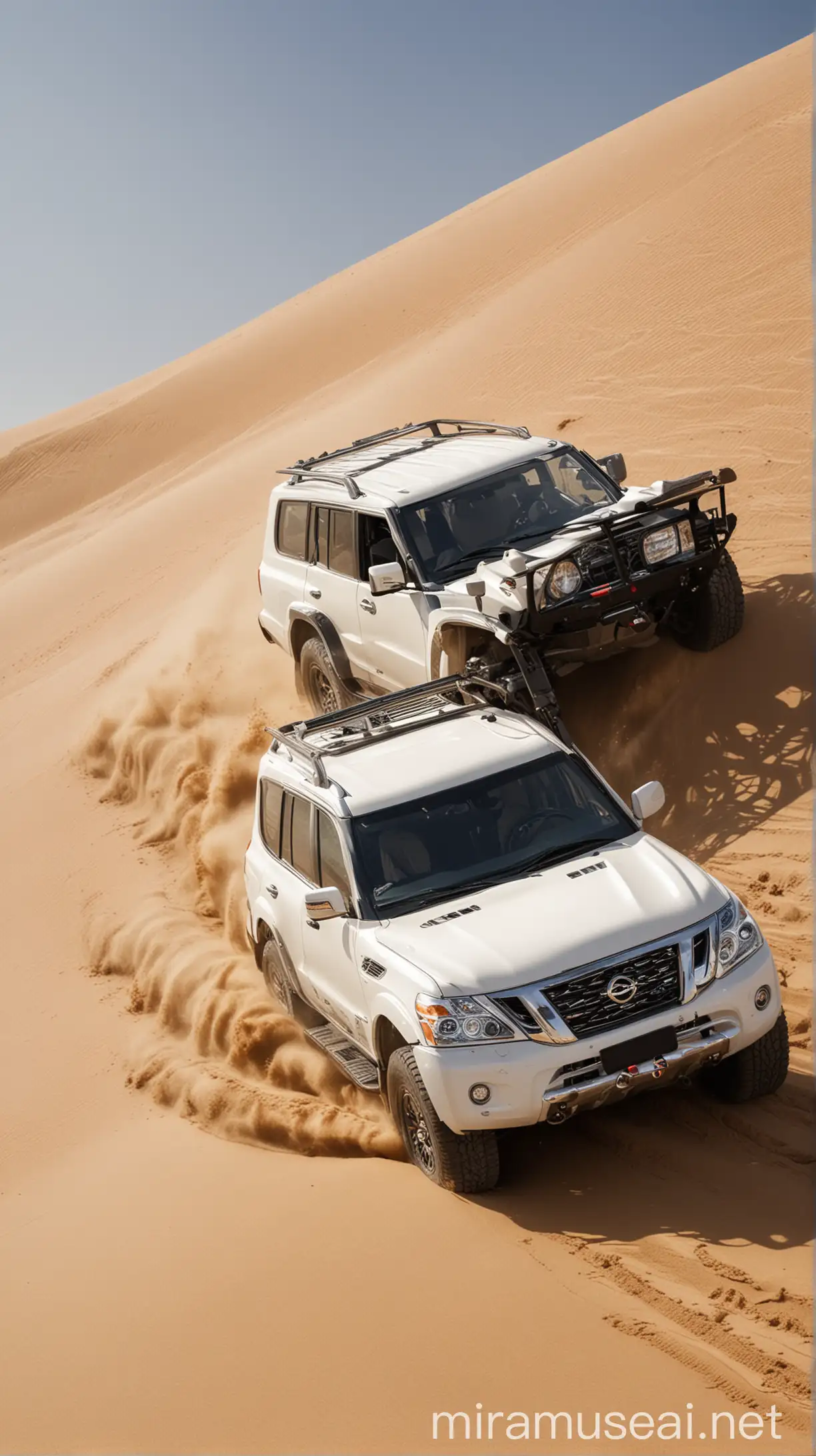 White Nissan Patrol Conquering Sandy Dune in Desert Adventure