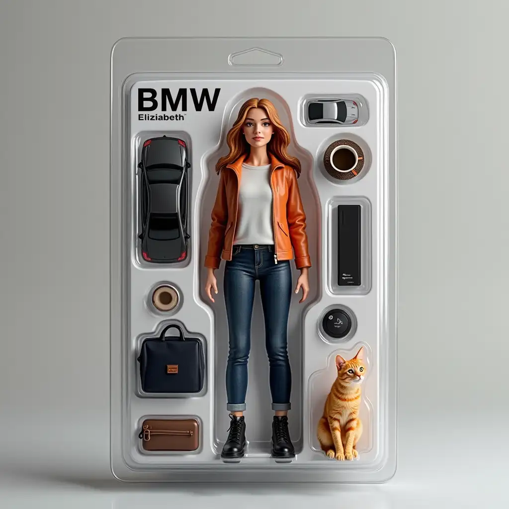 Use this photo of me to create an action figure of myself in a blister pack, in the style like a premium collectible toy. The figure should be standing up and have a relaxed, friendly smile. The blister pack should have a header with the text [BMW girl] in large letters and a subheading of [Elizabeth] below it. Include accessories in compartments to the side of the figure: [bmw x3 black, orange cat, coffee].