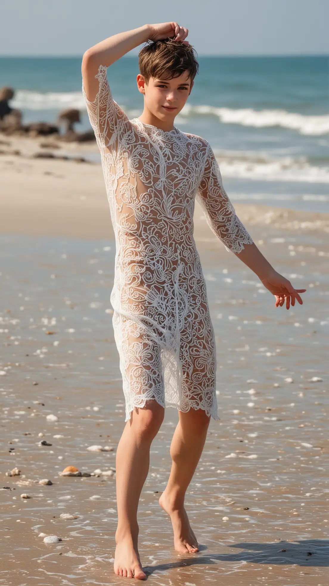 Short-Haired-Boy-Frolicking-on-the-Beach-in-a-Transparent-Lacy-Dress