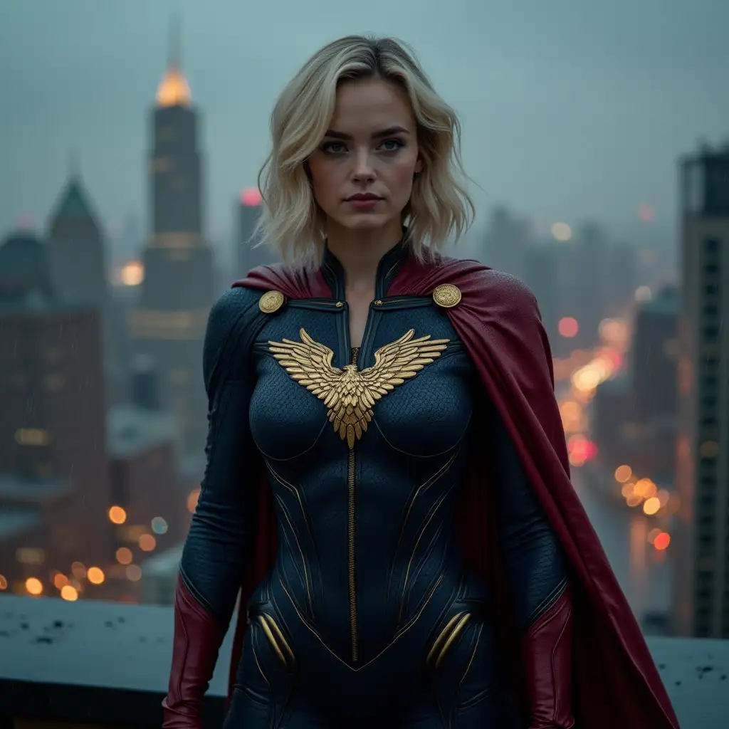 Margot-Robbie-as-a-Superhero-in-Crimson-and-Navy-Suit-on-a-Rainy-City-Rooftop