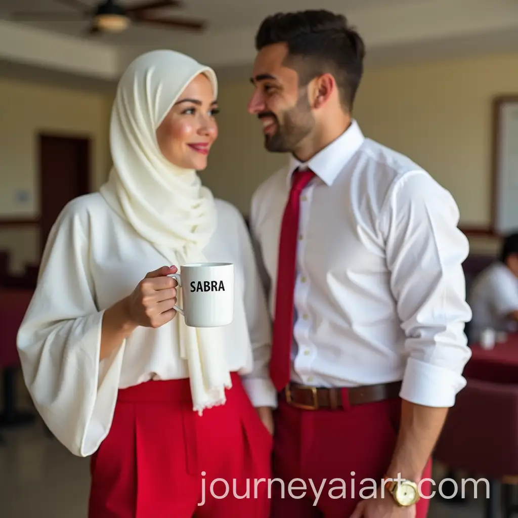 Elegant-White-Woman-in-Hijab-and-Red-Trouser-Holding-Mug-with-SABRA-Man-in-White-Shirt-and-Red-Tie-in-Cafeteria-Setting