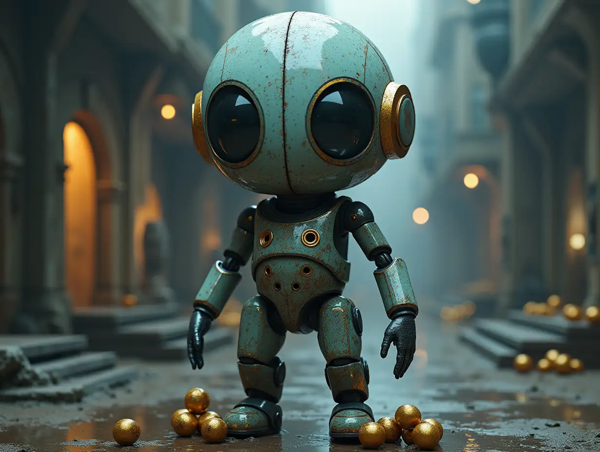 Create a high-resolution, realistic image of the artificial intelligence Robert, 15 meters tall, with eyes, arms and legs, with stable feathers on the cheeks and glass helmet with glass brain, screws made of gold with many grenades on the floor, in the Veus with aliens in 4k resolution.