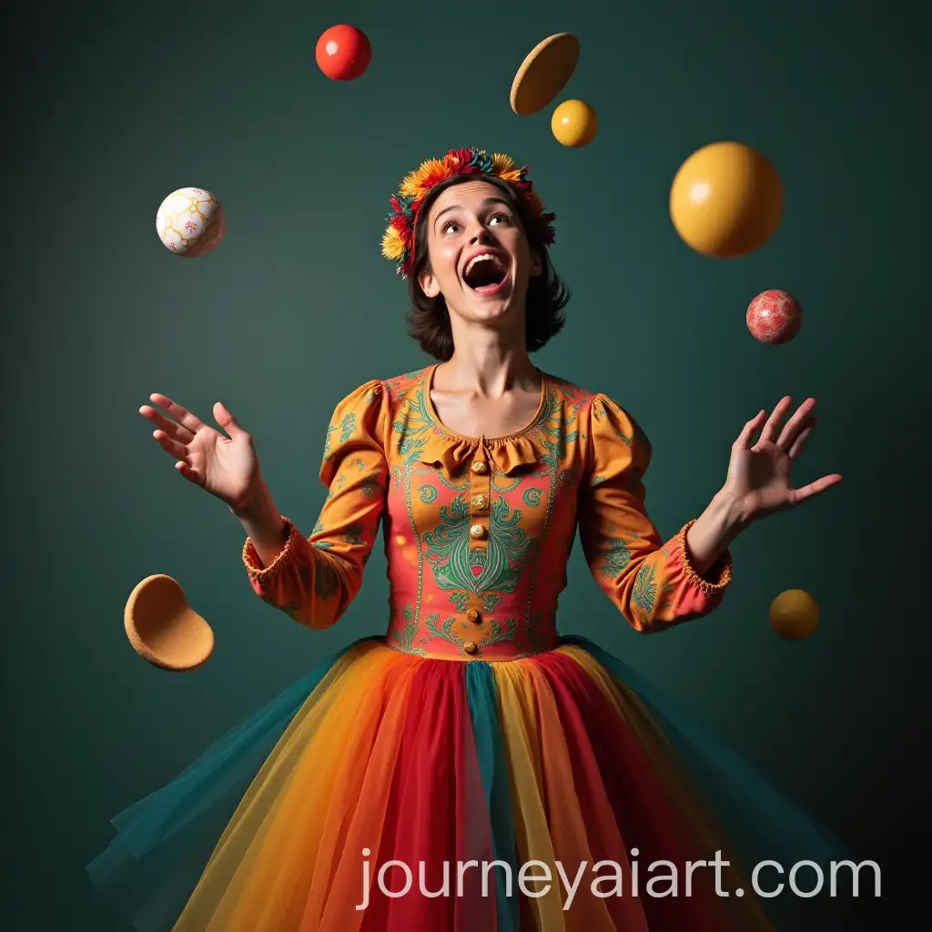 Man-in-Multicolored-Dress-Juggling-with-a-Funny-Expression
