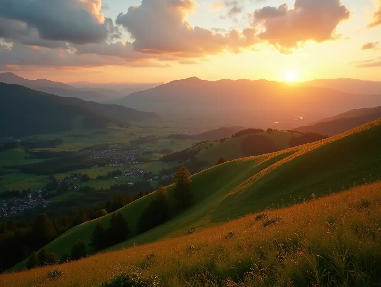 carpathian countryside in september at sunset. beautiful mountain landscape with grassy field on rolling hill in evening light. rural scenery with village in the distant valley. clouds on the sky