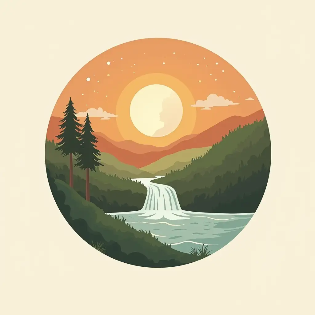 create a logo for a natural wellness centre using terracotta colours and deep faded greens, with nature's healing elements (sun, moon, waterfall, wind, earth and sky, in a circle. It should feel like the experience of true health and joy.