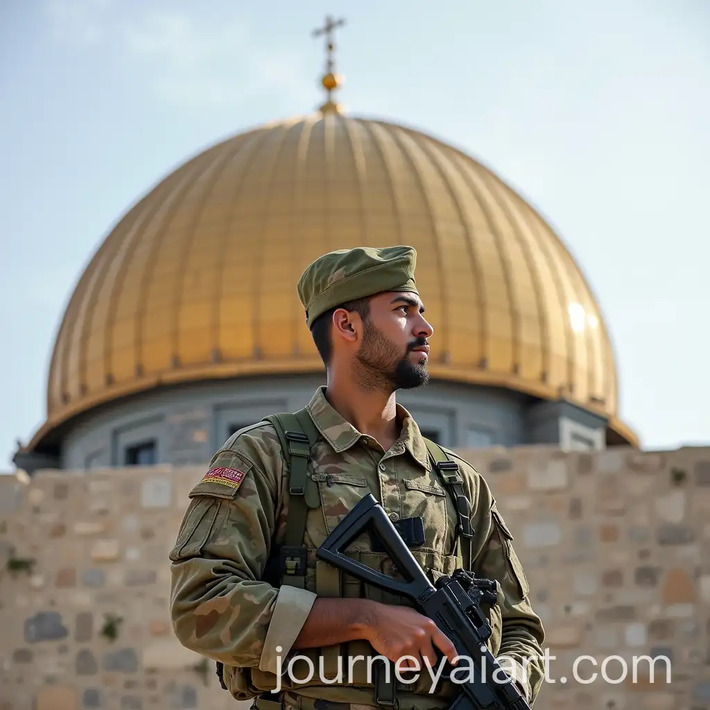 Soldier-in-Camouflage-Shirt-with-Dome-of-the-Rock-in-Palestine-Background