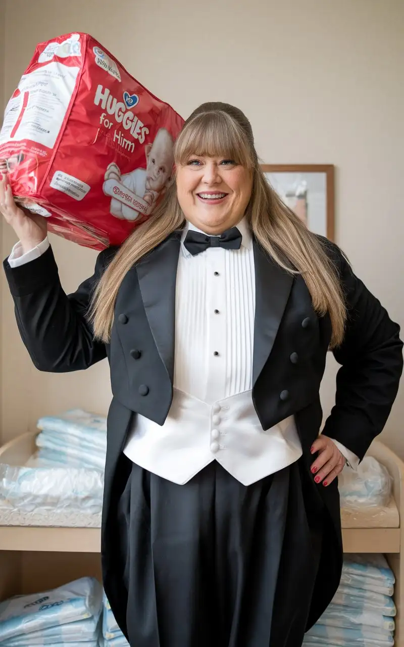 Smiling-MiddleAged-Woman-in-Formal-Tuxedo-Holding-Adult-Diapers-in-Nursery