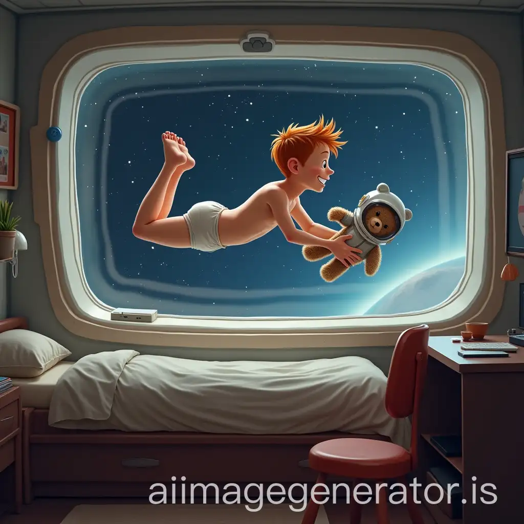 Boy-Floating-in-Space-Room-with-Teddy-Bear-in-Astronaut-Suit