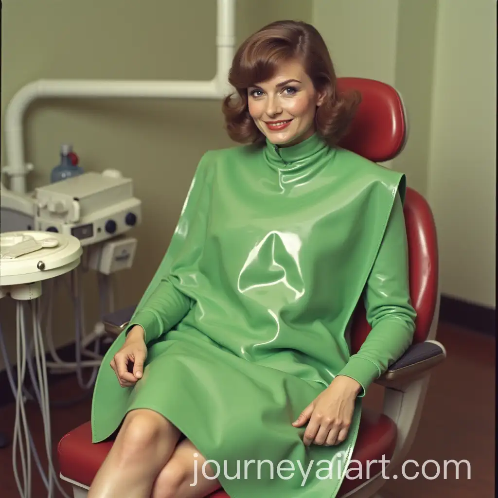 Vintage-1972-England-Woman-in-Dentist-Chair-Wearing-Green-Shiny-PVC-Mealtime-Bib