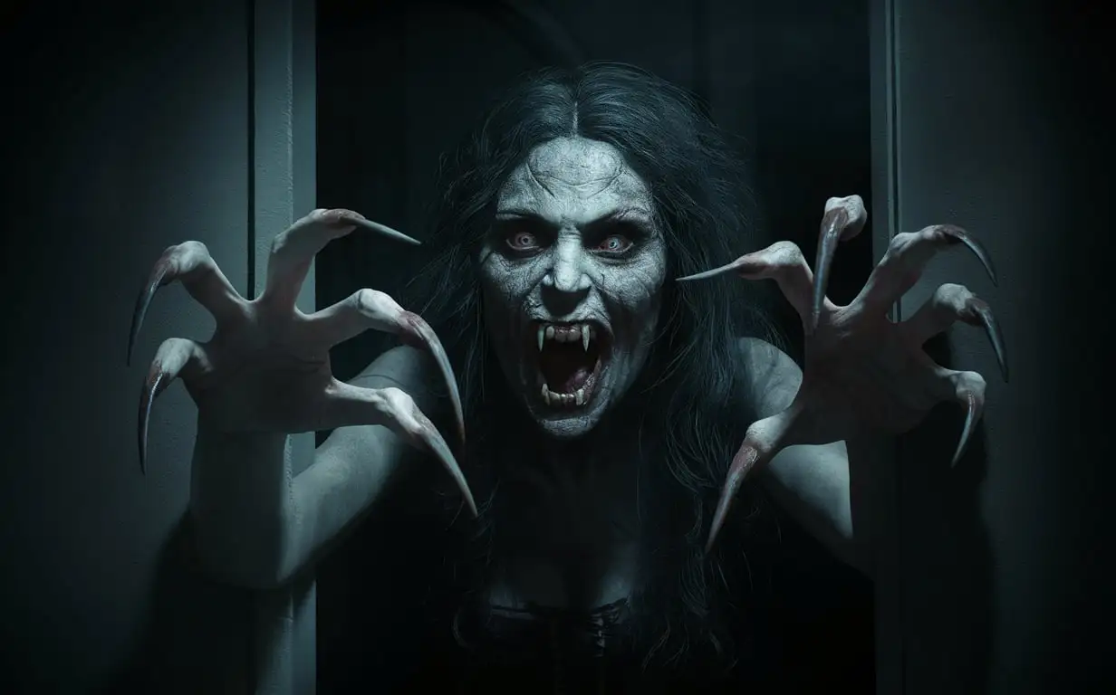 Subject: The main subject of the image is a wild and ugly vampire woman, depicted in a photorealistic style. She has extra long pointed fingernails resembling claws, and her mouth is open with fang-like teeth, giving her a threatening appearance.
Setting: The scene is set inside a dark room, adding to the eerie atmosphere. The darkness enhances the horror element and creates a cinematic feel.
Style/Coloring: The image is hyper-realistic with high detail and photo detailing, contributing to the photorealistic quality. The coloring is dark and haunting, with atmospheric lighting intensifying the creepy vibe.
Action/Items: The vampire woman appears to have just emerged from the darkness, adding a sense of suspense and fear. Her posture and expression convey aggression and terror.
Costume/Appearance: The vampire's appearance is grotesque and terrifying, with detailed nails and realistic anatomy, including five fingers on each hand. Her undead look suggests that she has climbed out of a grave.
Accessories: The vampire's only accessories are her long, pointed fingernails, which resemble the claws of a predator, enhancing her menacing appearance.