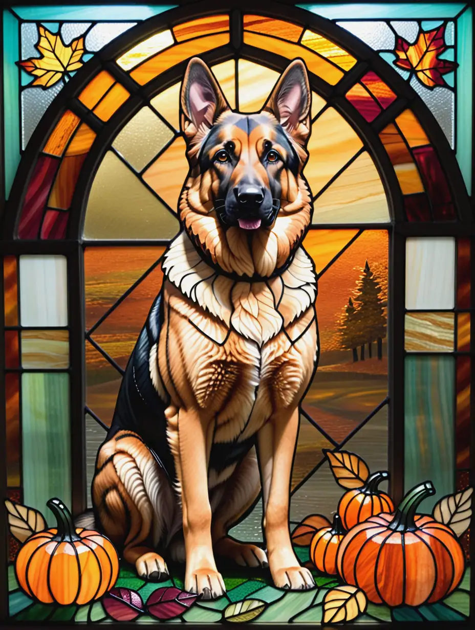 German Shepherd Dog with Pumpkin and Fall Leaves in Stained Glass Design