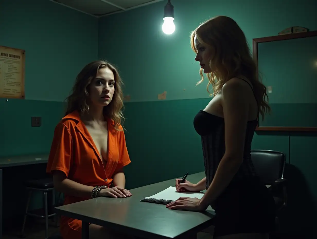 A dimly lit interrogation room in a police station, suffused with an ominous and intense atmosphere. At the center is a beautiful, yet vulnerable 18-year-old woman, dressed in an open, unbuttoned orange prisoner shirt that partially exposes her cleavage. She sits handcuffed to a cold, steel table, her eyes filled with a mix of fear and defiance as they meet the camera's gaze. The stark contrast of the bright orange against her pale skin accentuates the gravity of her situation. Across from her stands a confident and enigmatic female police officer, dressed in a form-fitting corset that emphasizes her authority and feminine presence. The officer's posture is upright, one hand resting on her hip while the other holds a notepad and pen, poised to scribble down the suspect's every word. The interplay of shadows and light casts a dramatic glow on their faces, highlighting the officer's piercing stare and the young woman's delicate features. The room is sparsely furnished with only a single, flickering overhead bulb, a one-way mirror on the wall, and a couple of chairs, adding to the claustrophobic setting. The walls are adorned with peeling paint and a single, out-of-focus poster about legal rights, hinting at the room's frequent use and the potential for coercive interrogations. The scene captures a tense moment of power dynamics and anticipation, leaving the viewer to question the truths that lie beneath the surface of their interaction.