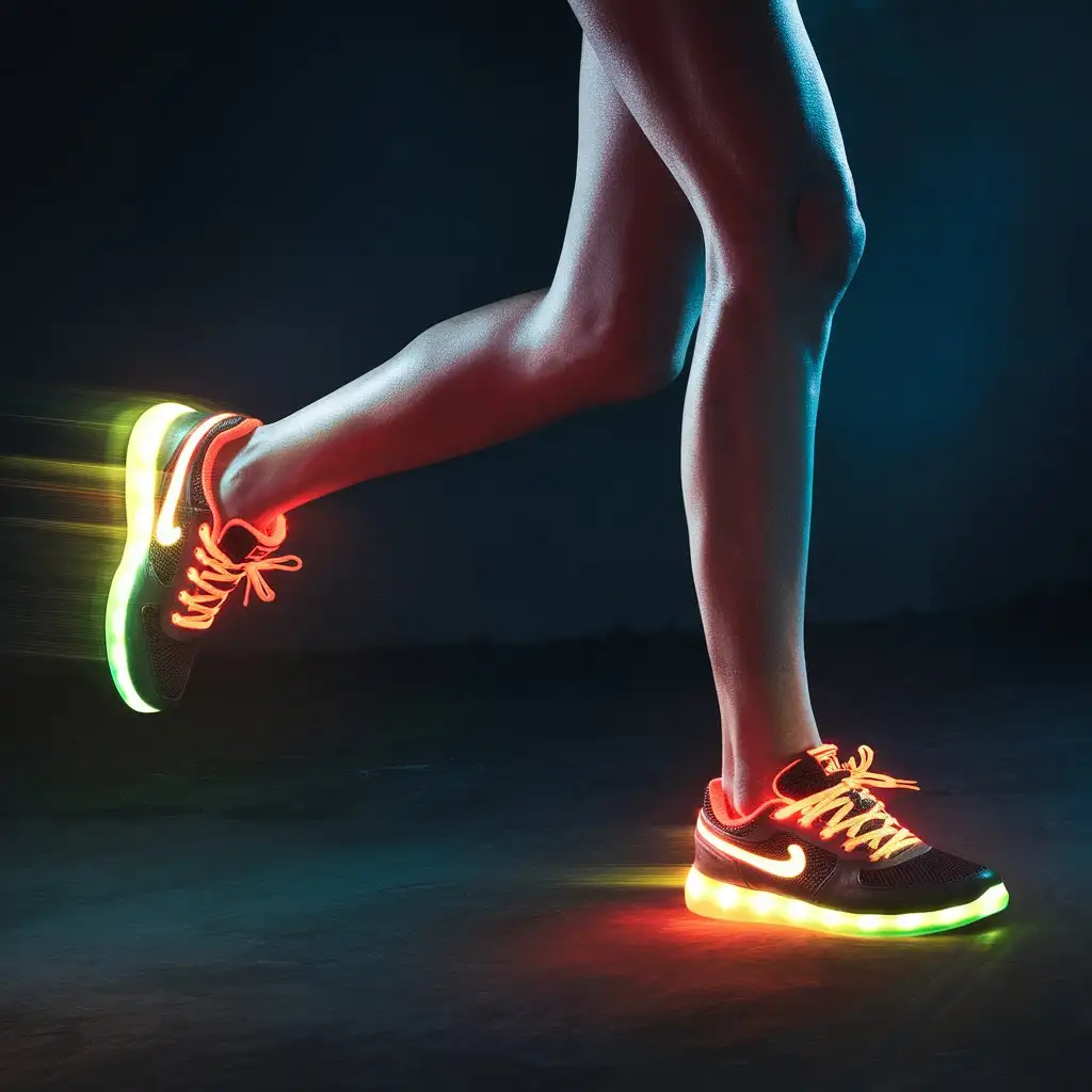 Women-Running-in-Neon-Glowing-Sneakers-Against-a-Dark-Background