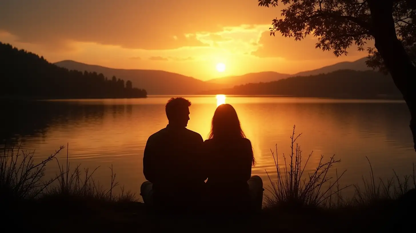 Silhouette of Man and Woman Sitting by the Lake Biblical Era Scene