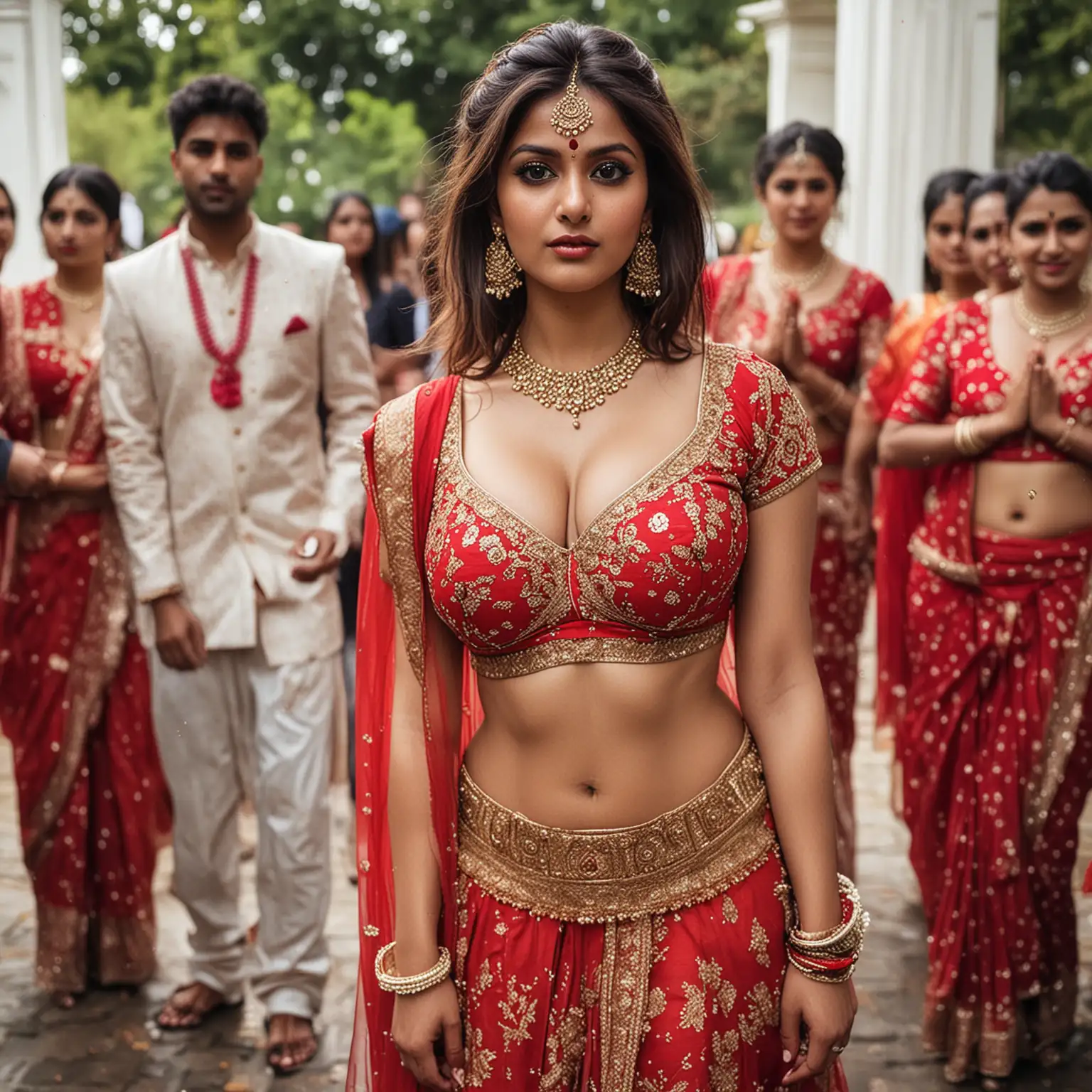 Indian-Woman-in-Red-Choli-and-Ghaghra-at-Wedding-Ceremony