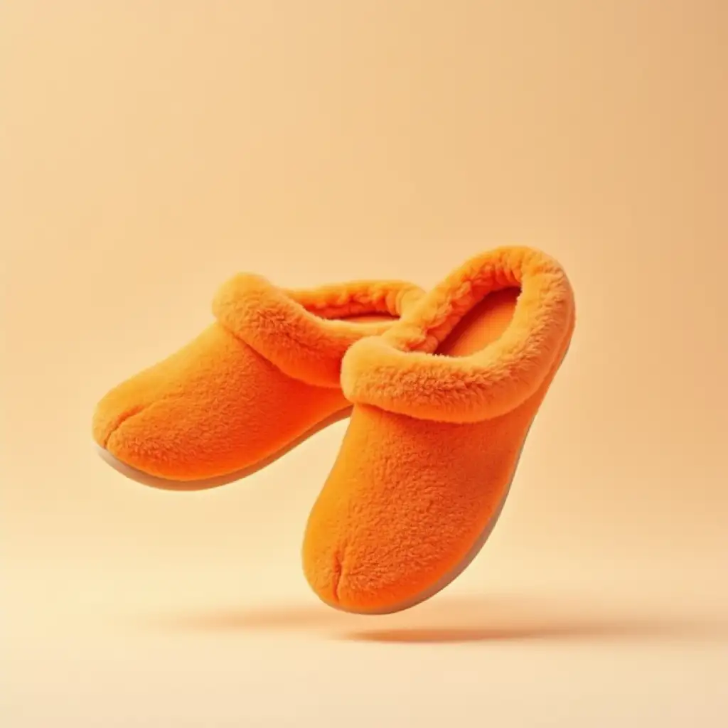 a pair of orange plush slippers, floating in the air, 3D, neutral background