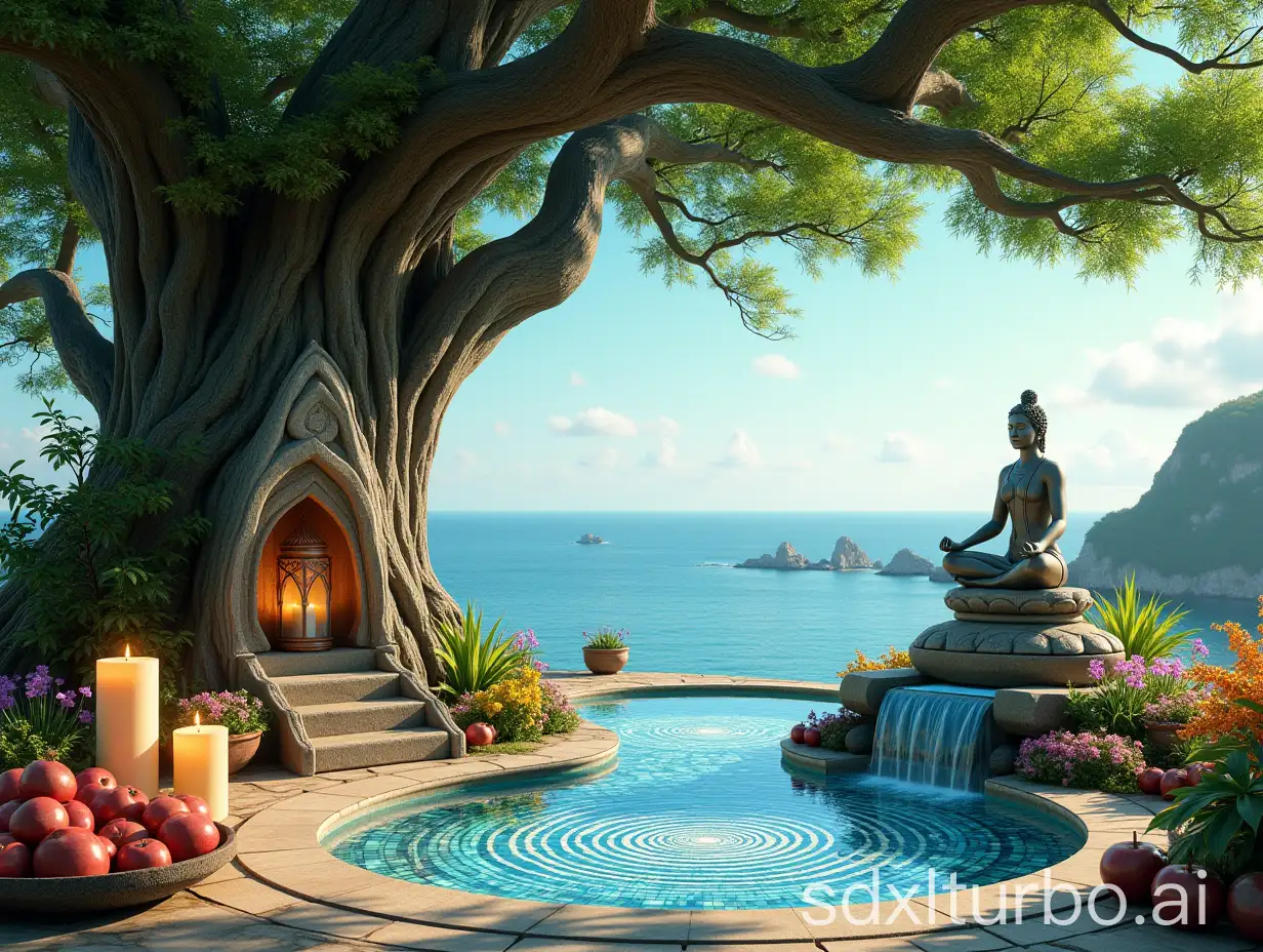 A green oak with a carved lantern, a large stone sculpture of a yoga goddess, mandala mosaic on the floor, a blue mosaic waterfalls and waterpool, candles, colorful flowers, apples, yoga style, sea in the background, bright sunny atmosphere, photorealistic, high precision