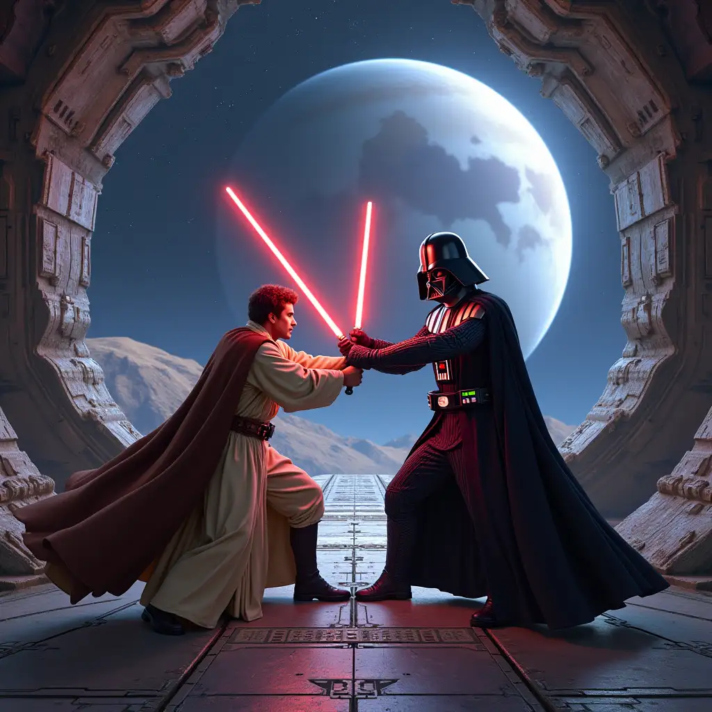 Obi-Wan Kenobi and Darth Vader characters from the Star Wars saga, fighting with laser swords, on the deck of a spaceship in the background, a planet is visible