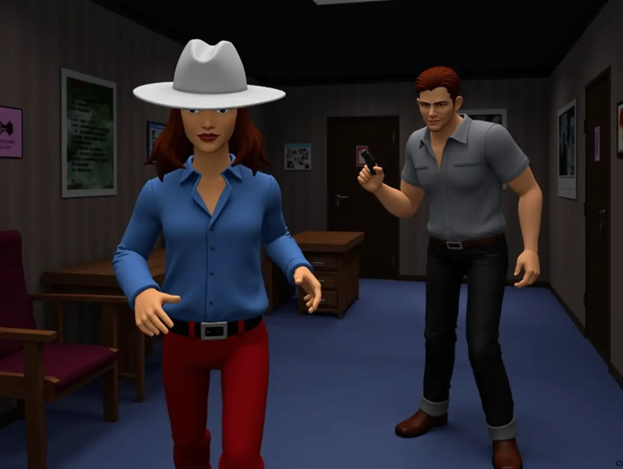 3D ps1 Gameplay for PlayStation featuring1990s retro 3D polygonal characters models of an longish bobbish haired cowboy sheriff in white hat blue dress shirt red pants investigating an office at night while some guy sleeps while being stalked 1990s 3D polygonal style video game 3rd person 3rd person shooter 3D 1990s graphics retro style game 3D game health bars ammo indicators 3D 3rd person survival horror game 3d beat em up game