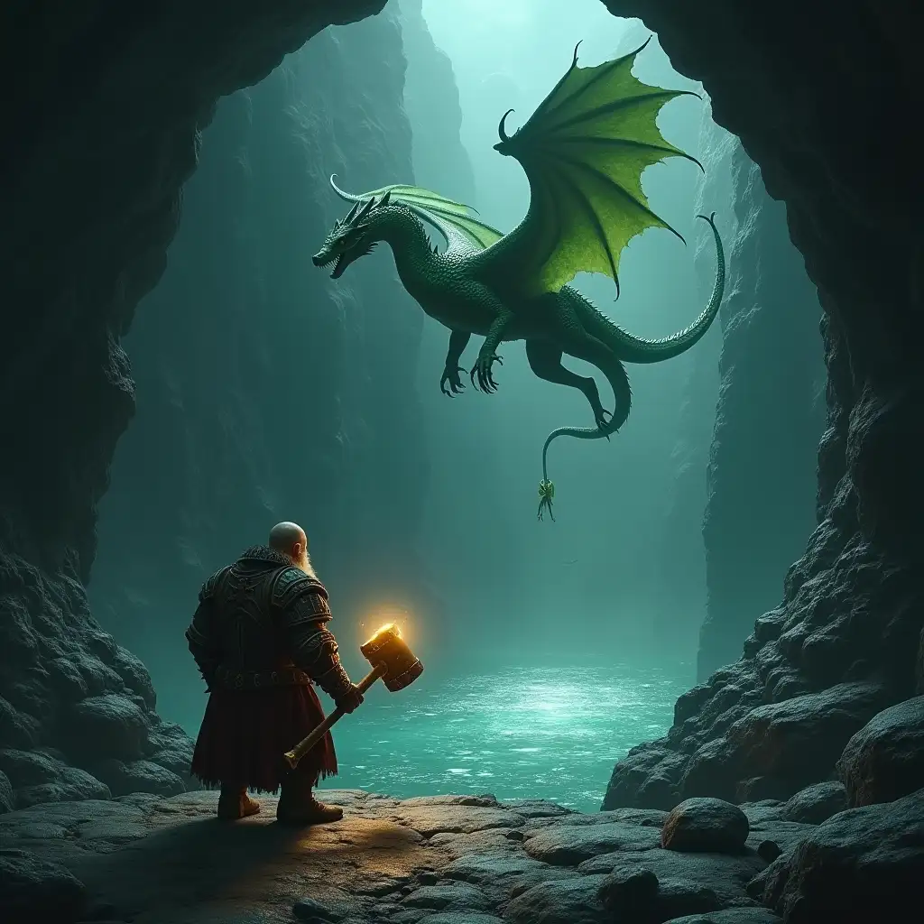 A dark gloomy scene in a cavern with floating rock platforms in the air, in the distance is a pool of glowing silver water, a green dragon is flying high above a short and stout dwarven man in heavy armor, the man is holding an abnormally large hammer that has a golden aura, the man is facing the dragon