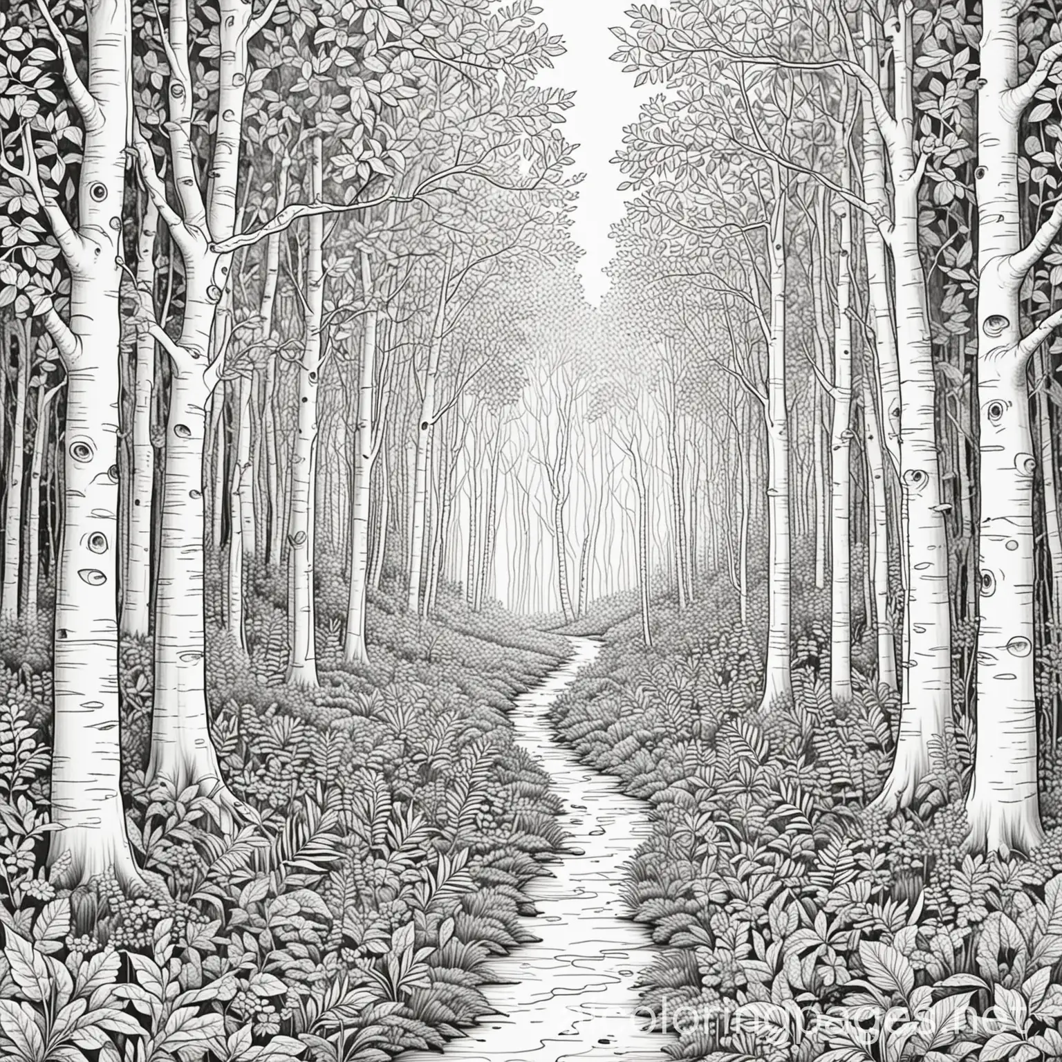 Nature, beautiful forest, Coloring Page, black and white, line art, white background, Simplicity, Ample White Space, Coloring Page, black and white, line art, white background, Simplicity, Ample White Space. The background of the coloring page is plain white to make it easy for young children to color within the lines. The outlines of all the subjects are easy to distinguish, making it simple for kids to color without too much difficulty