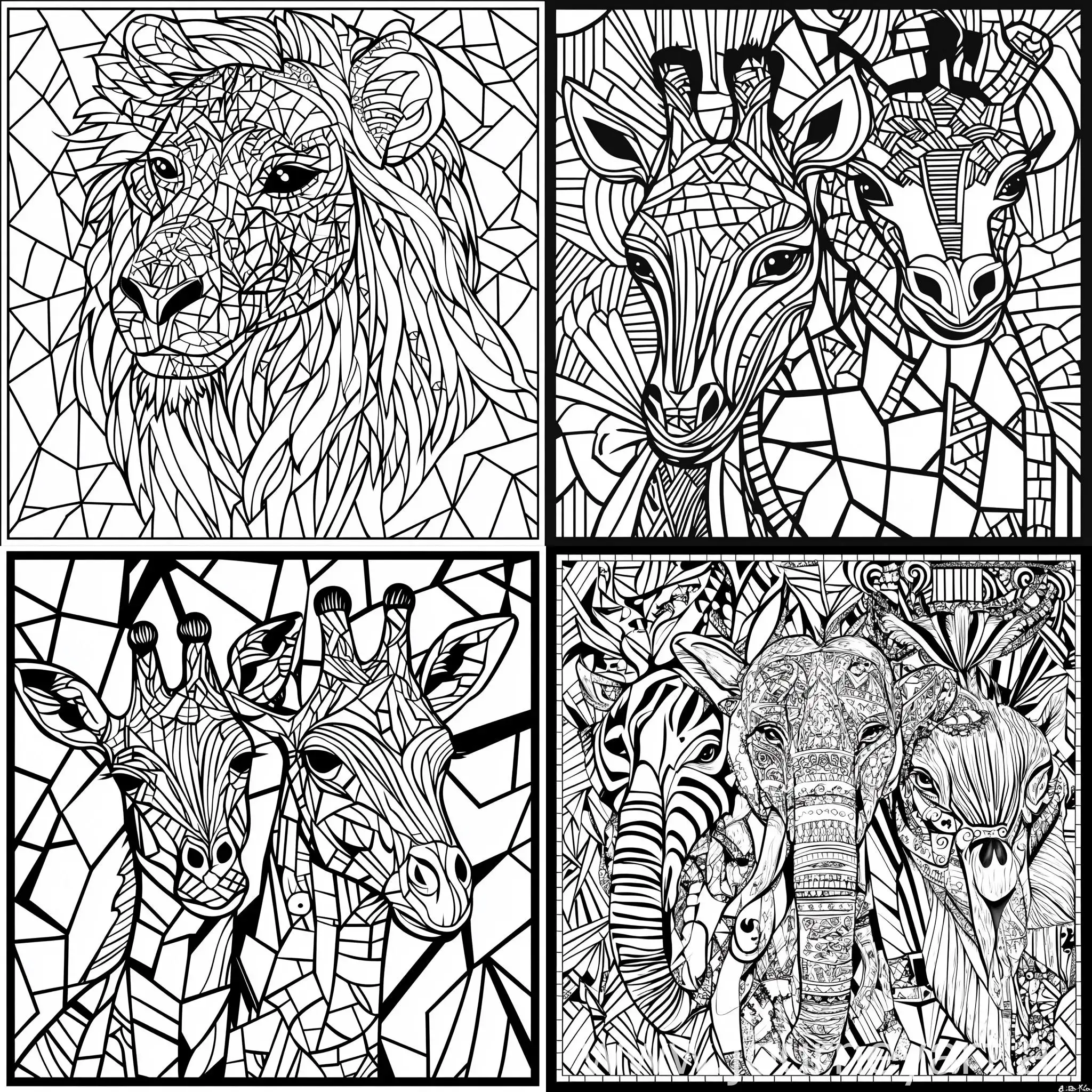 Animals-with-Mosaic-Design-in-Black-and-White-Coloring-Book-Page