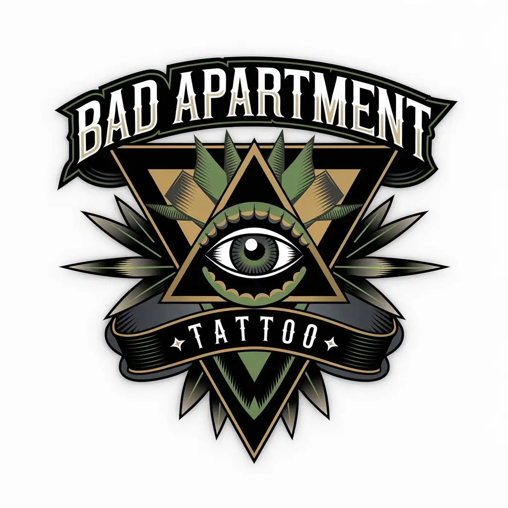 LOGO-Design-For-Bad-Apartment-Triangle-Eye-Black-Green-and-Gold-Colors-with-Tattoo-Theme