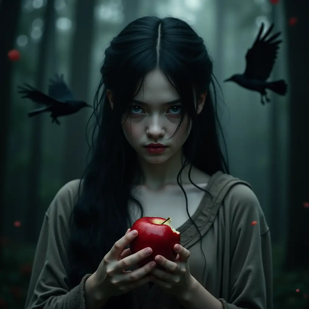 Young-Woman-with-Apple-in-Dark-Forest-Surrounded-by-Crows