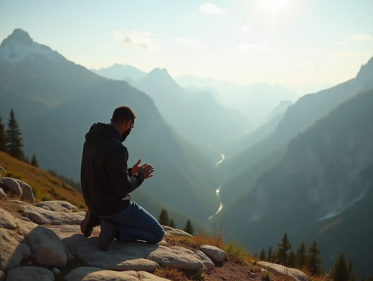 A man kneeling down, praying, on a high mountain,