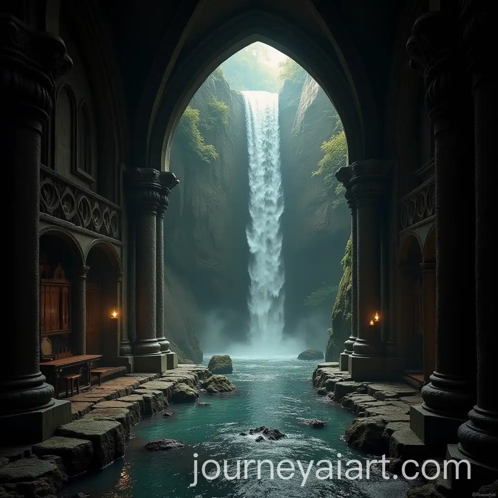 Gothic-Banquet-Hall-with-Waterfall-and-River-View