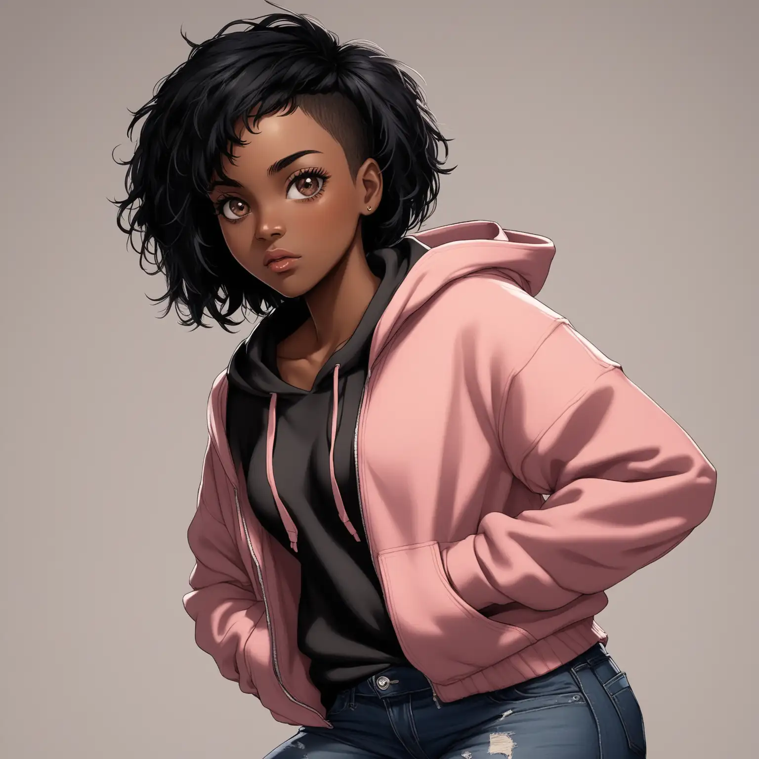 A black woman with short messy black hair that is shaved on the left side and brown eyes is wearing a black and pink hoodie and jeans.