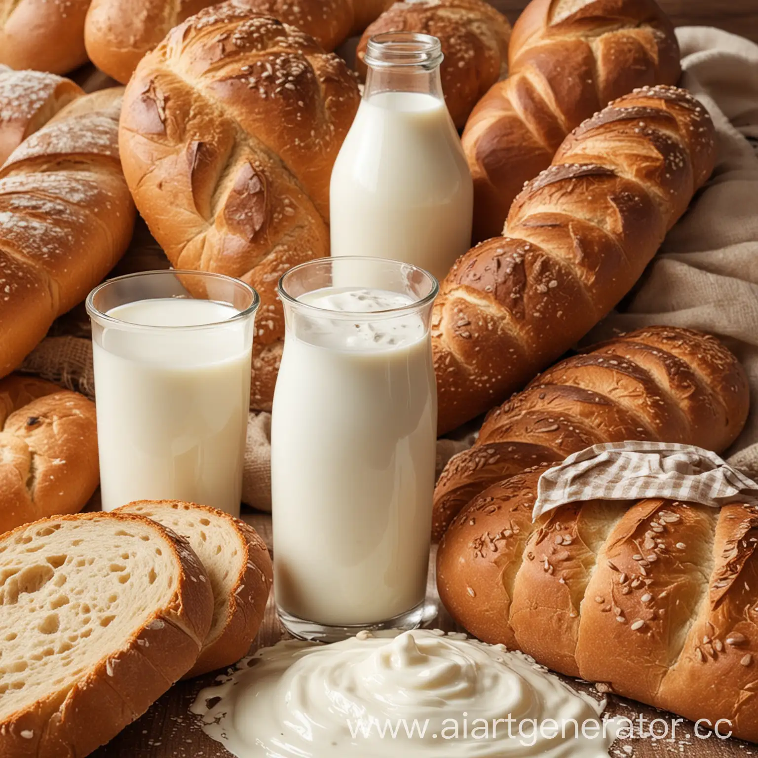 a lot of bread and a lot of milk on the background