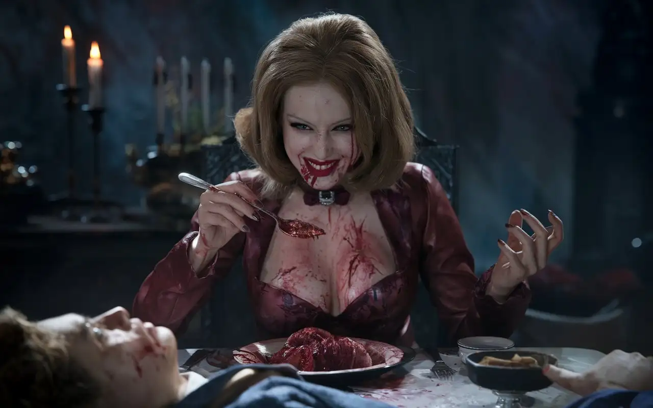 Very beautiful female maniac sit at a high table, indulging in a grisly feast of a young man.  they exude a sinister mix of seduction and menace,  cinematic, photo , 4k
