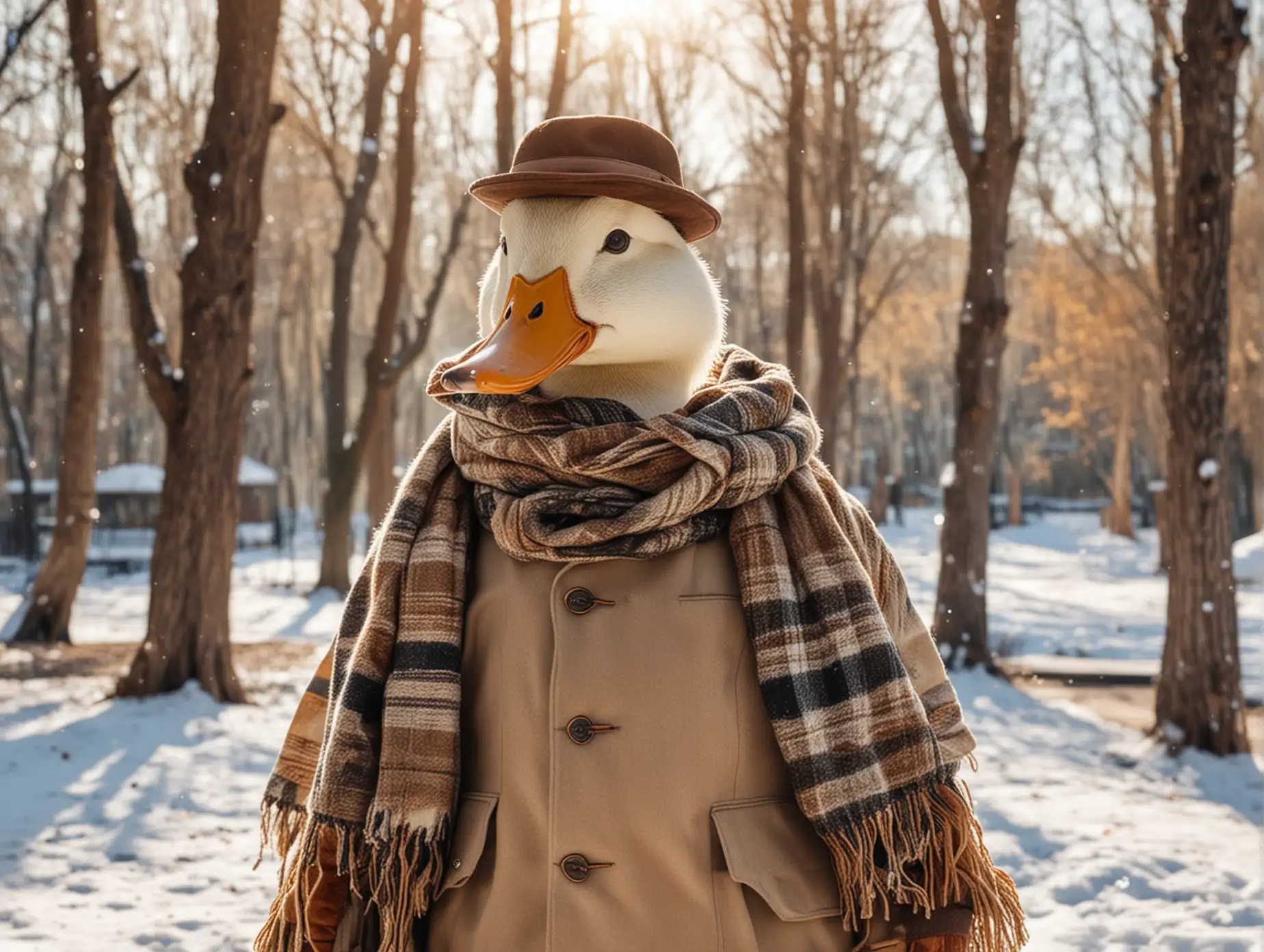 Duck-in-Winter-Clothing-with-Human-Body-in-a-Sunny-Park