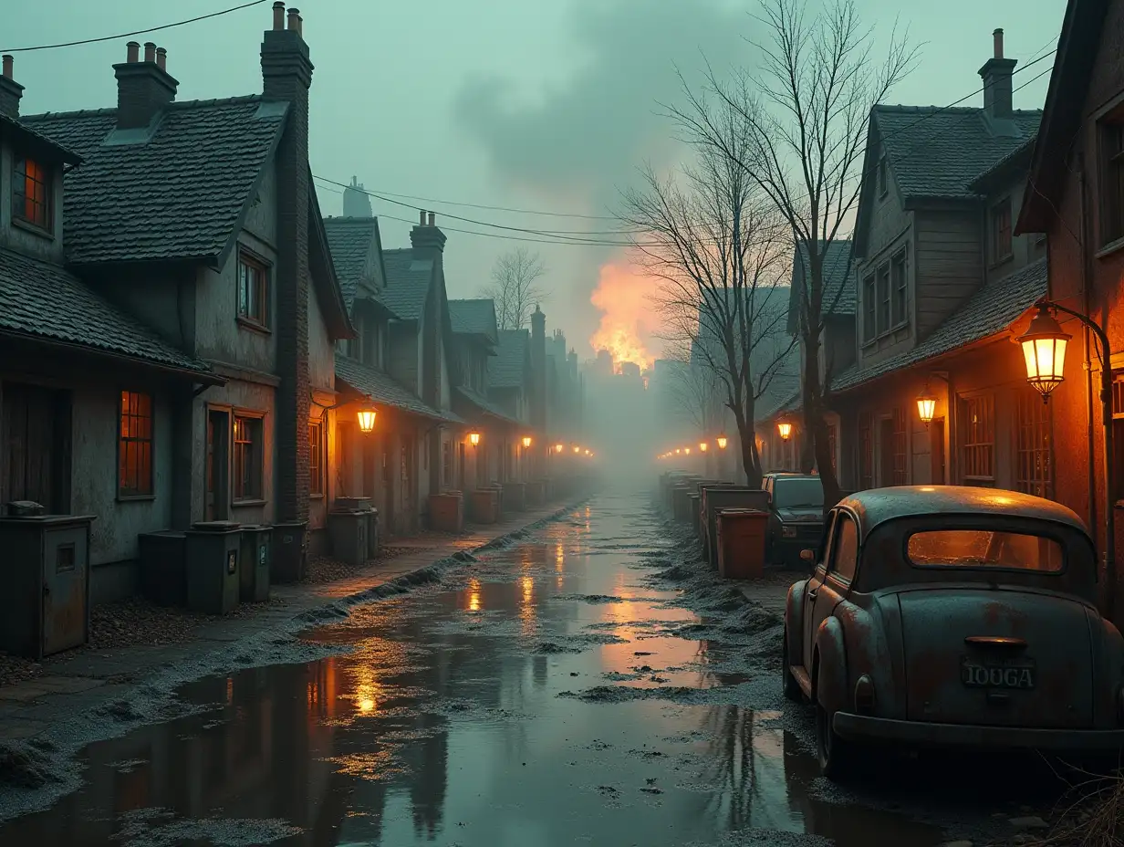 Create a digital photo of a street with old dilapidated houses with chimneys and smoke, lying garbage cans on the street with brown soup hints and illuminated toilets with rusty iron and a river with floating oil paint fog and rusty lanterns and a rusty car and in the background fire with broken windshield