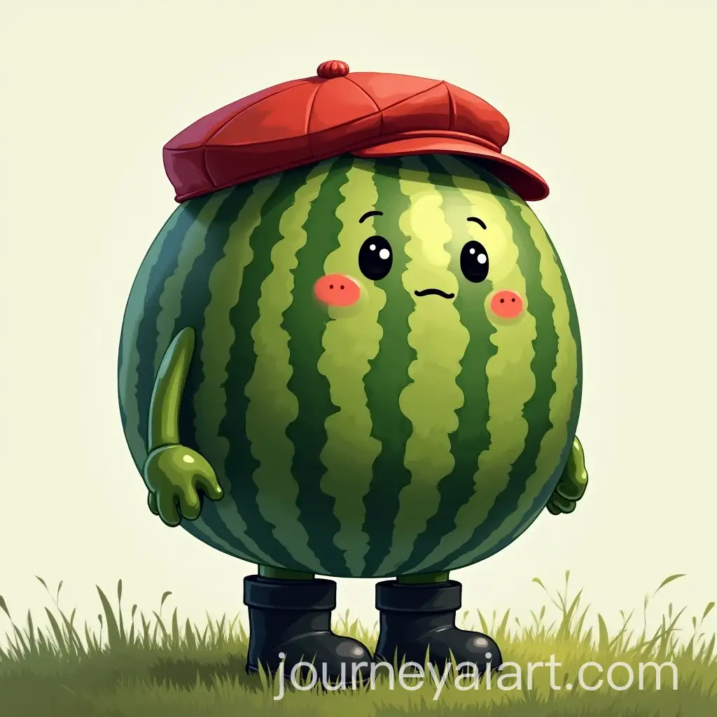 Watermelon-with-Ushanka-and-Boots-Standing-on-Grass