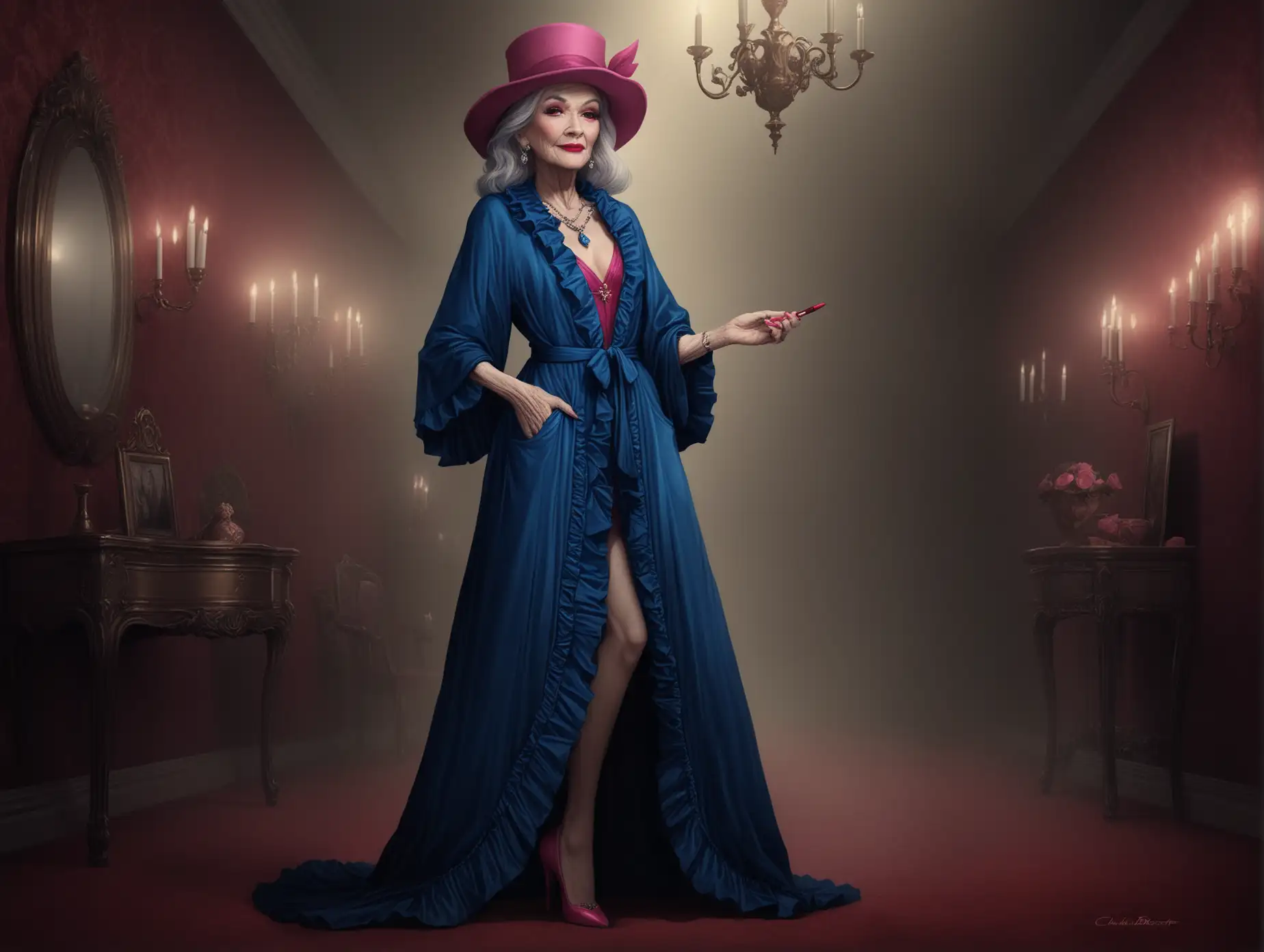 Old-Granny-in-a-Pimp-Blue-Robe-with-Ruffles-and-Pink-Hat-Standing-Full-Body-Character-Model