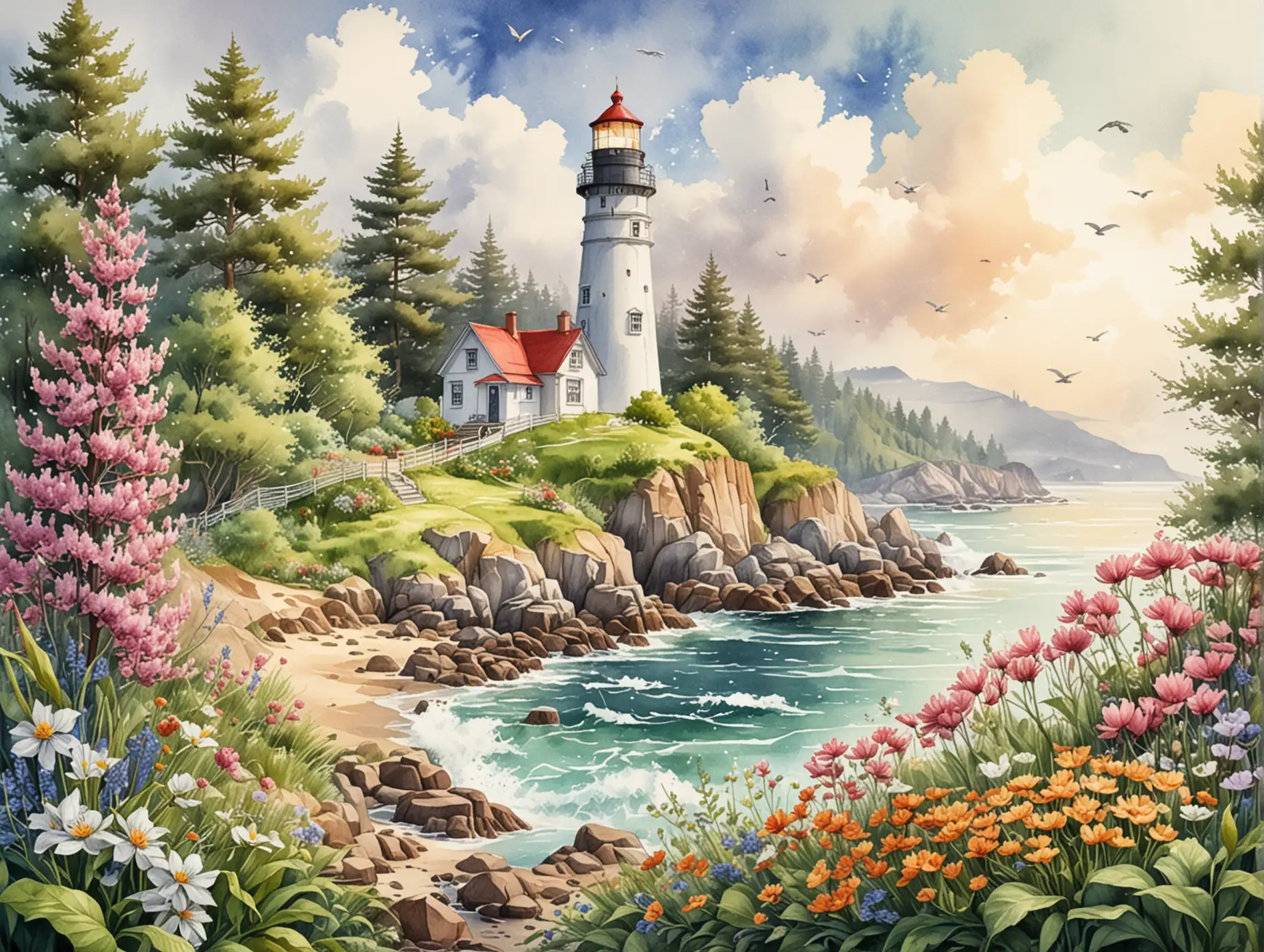 Spring-Flower-Forest-with-Lighthouse-in-Watercolor-Style