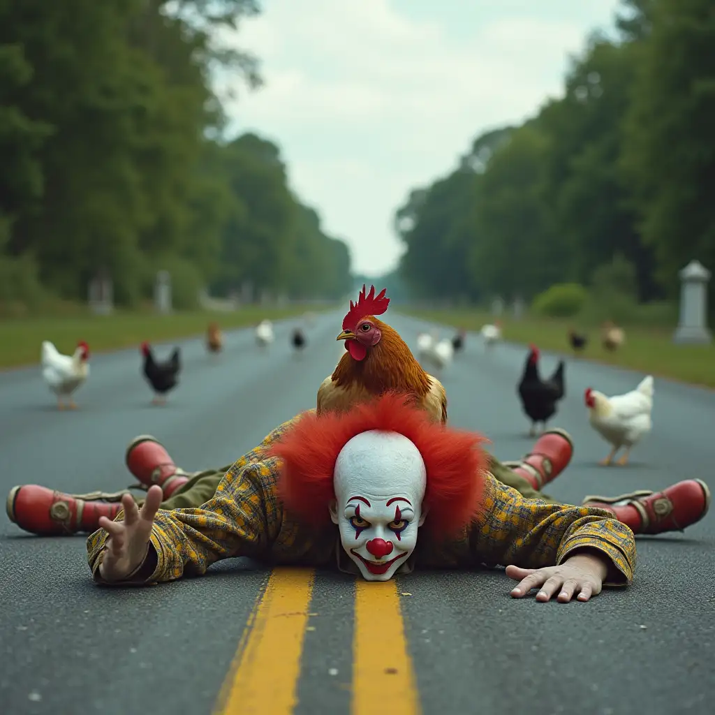 One clown laying face down in the middle of a country highway, another clown sitting on the clown laying down, chickens scattered along the highway, a cemetery in part of the background