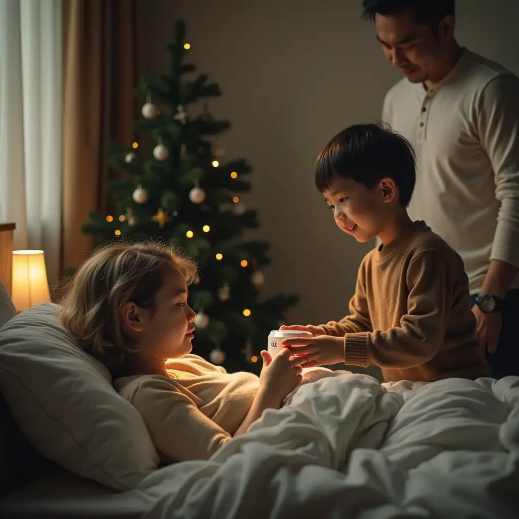 The picture shows a warm but sad scene. A pale mother lies in bed as a little boy excitedly hands her a pill box, with a Christmas tree in the background. The father stood aside, watching the scene with tears in his eyes. The overall tone of the picture is soft, but there is a bittersweet atmosphere and a sadness underlying it. China