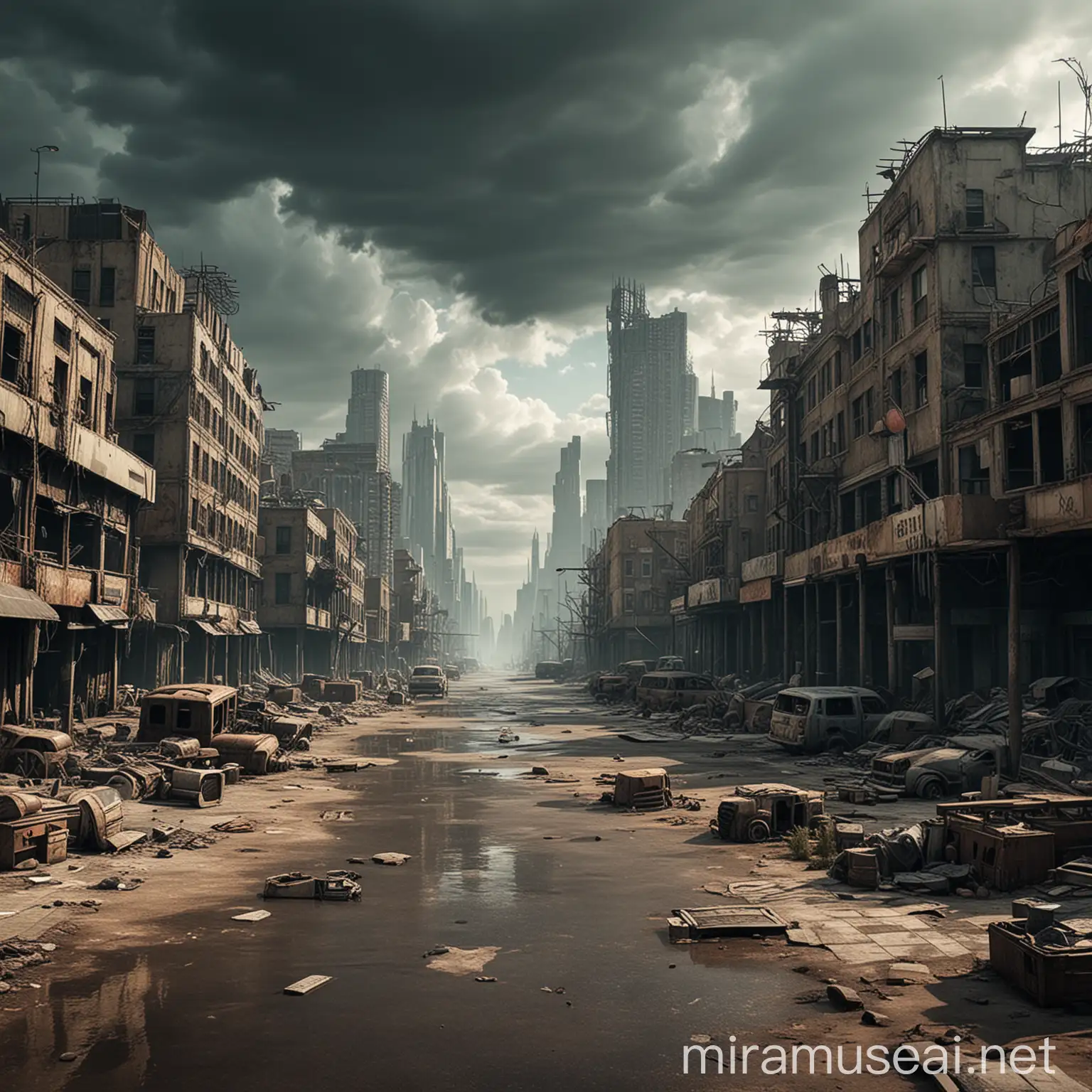 PostApocalyptic Cityscape with Ruined Buildings and Deserted Streets