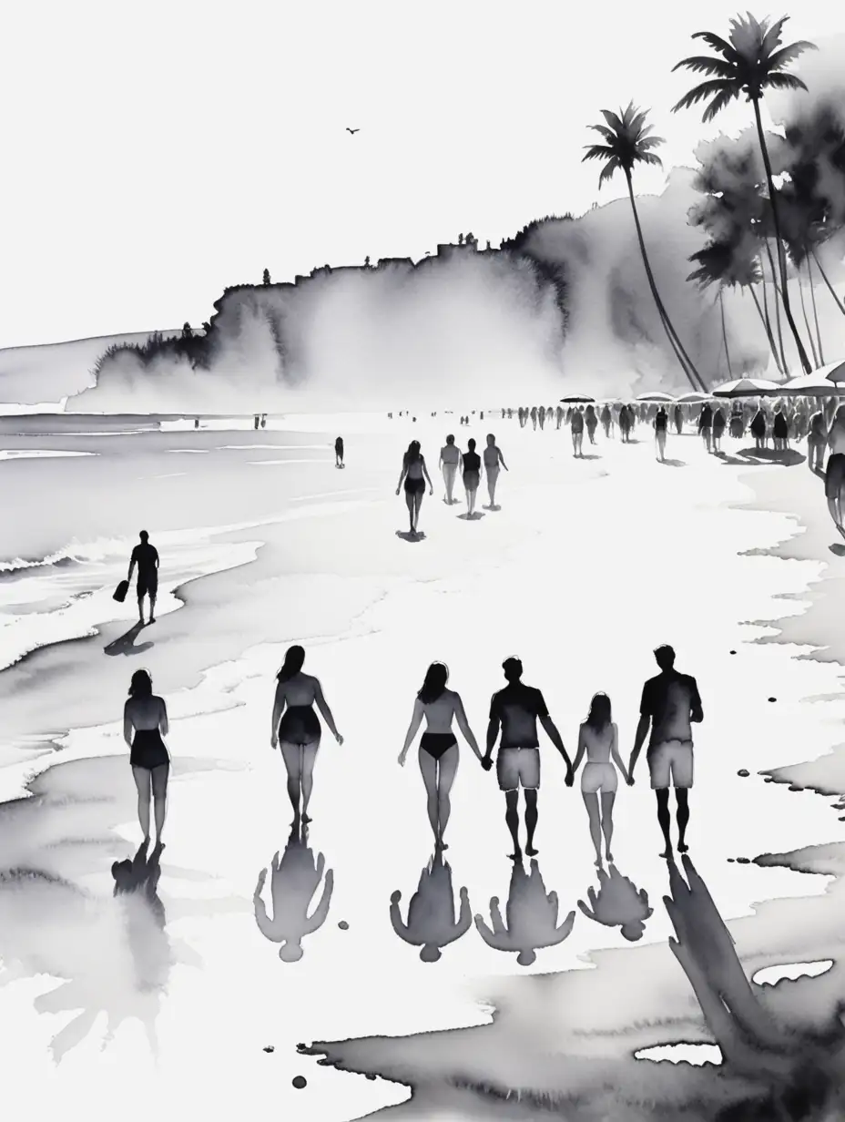 Black-and-White-Watercolor-Painting-of-People-Enjoying-the-Beach