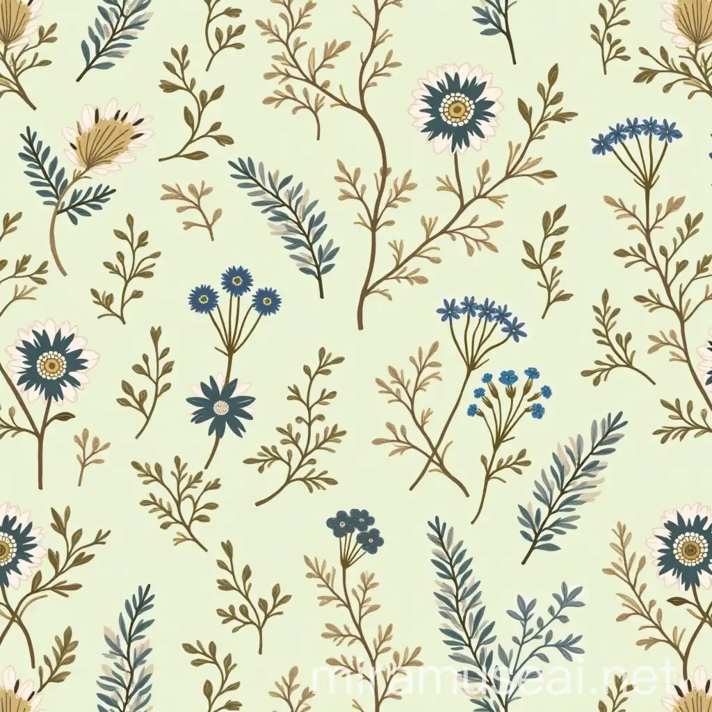 English cottage garden floral print, hand-drawn forget-me-nots and ivy, vintage sepia-toned olive green palette, William Morris-inspired repeating pattern，Japanese komon pattern with sakura sprigs, indigo dye effect on pale jade background, subtle gold leaf accents，seamless repeating pattern