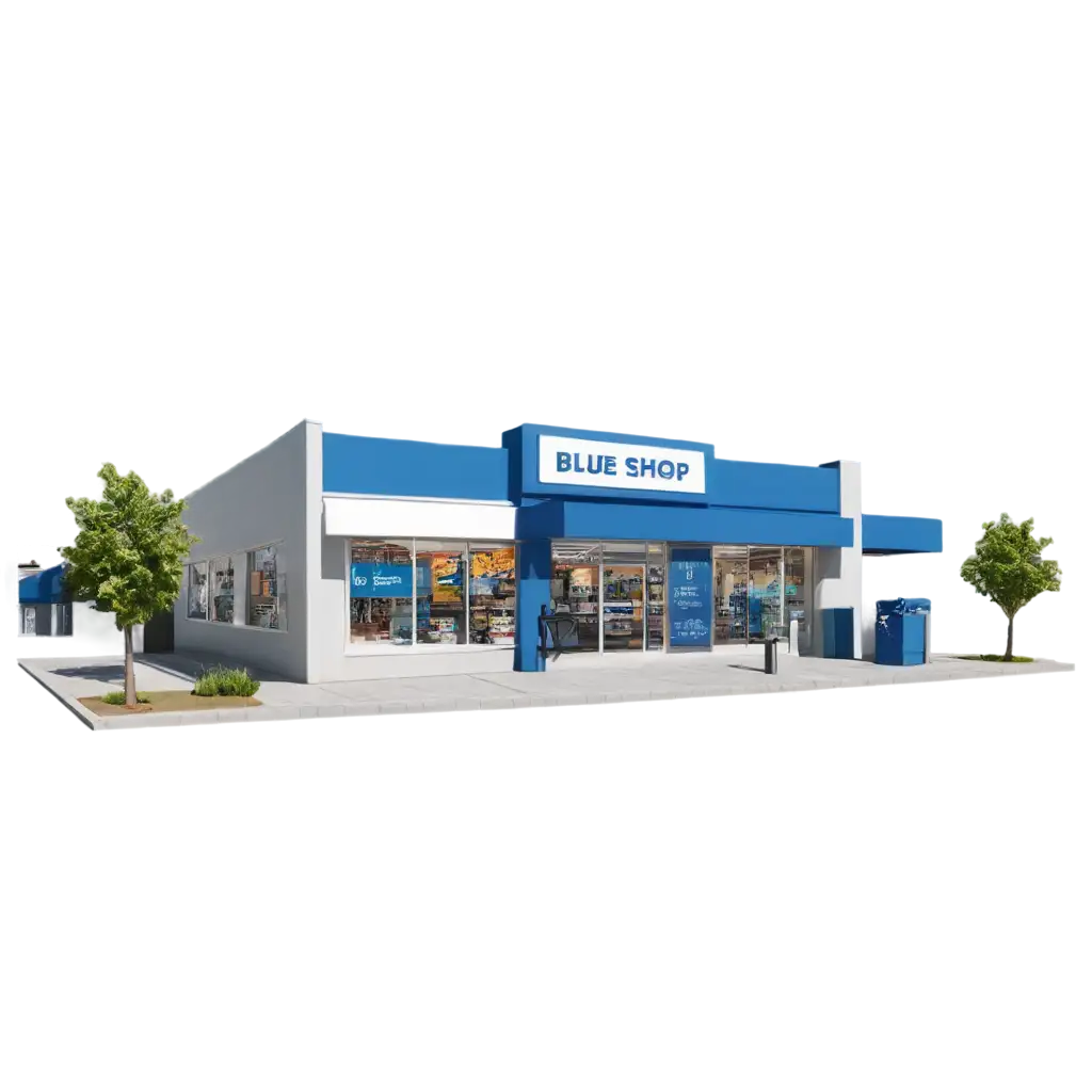 generate an image of blue shop store shot in 45 degree