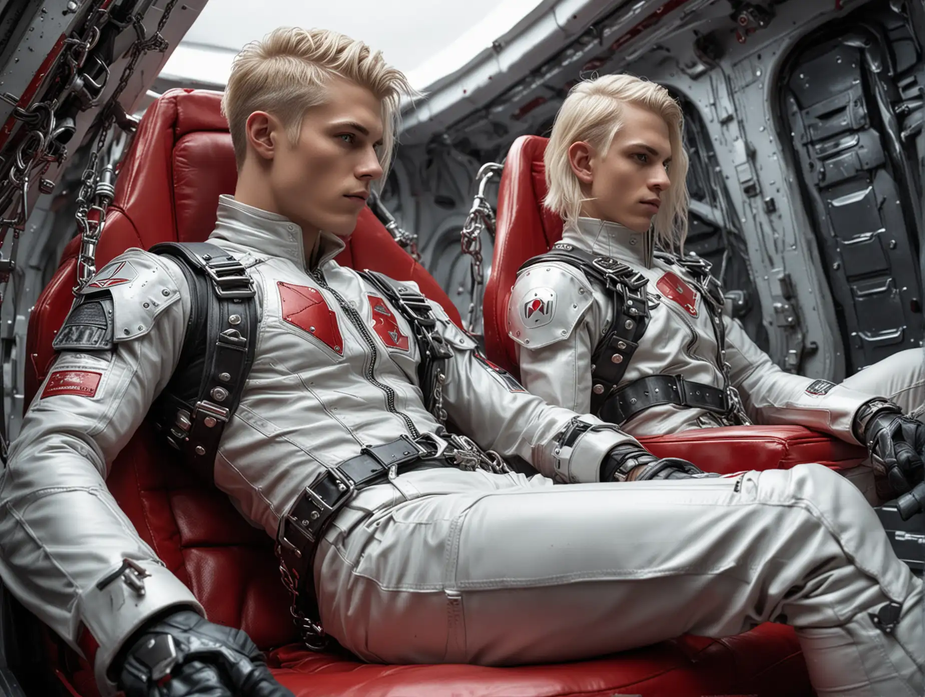 Two Muscular young white men, fair hair, tight fitting pearl-grey leather space cadet uniform with red detailing, emphasising large groin bulge with straps, zips and chain, lying strapped by a harness into a reclined seat in a space craft in a futuristic cyberpunk world,