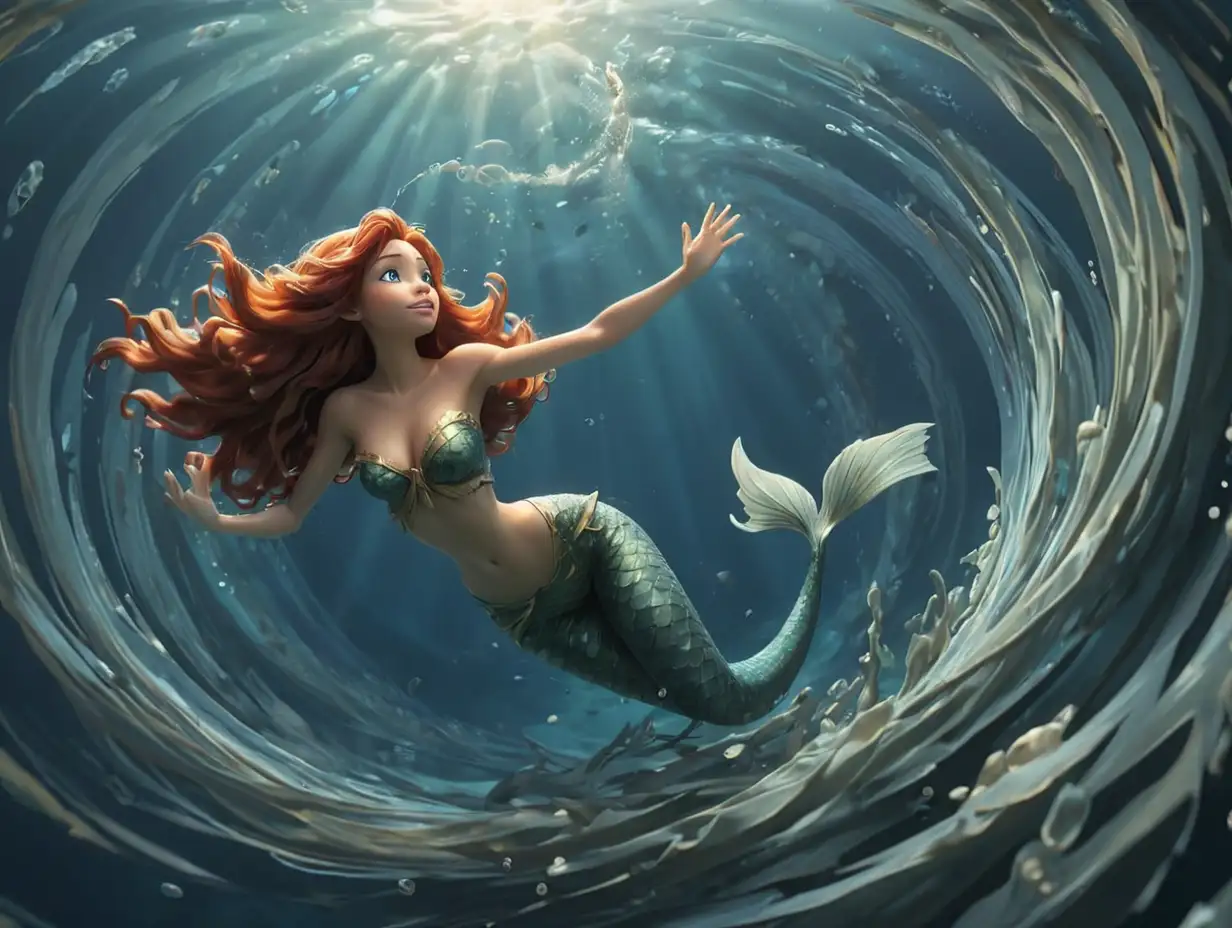 Wide-angle, side view of a mermaid swimming through a swirling underwater vortex in the ocean, 3d disney inspire