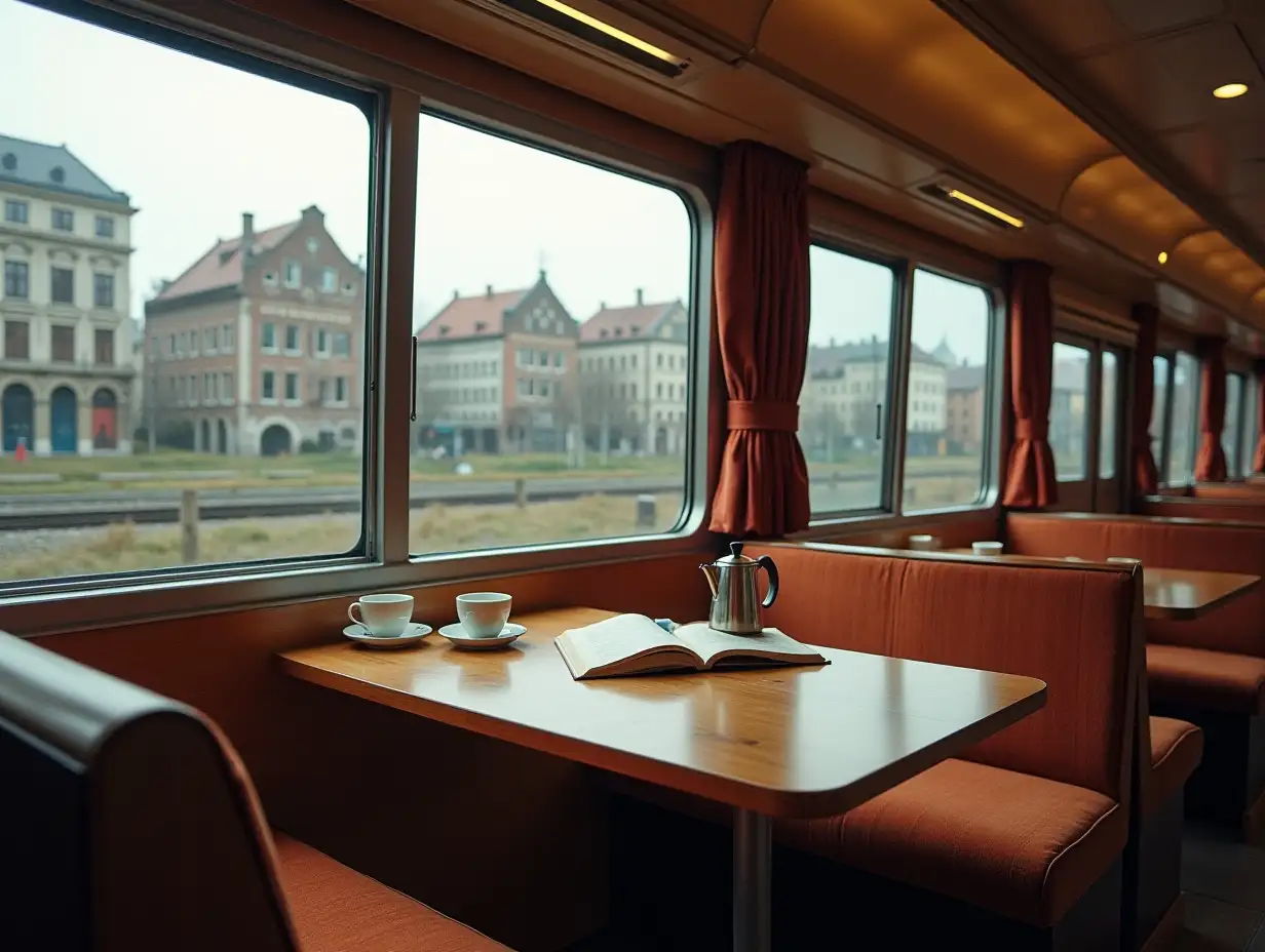 A ultra modern train with large panoramic windows, inside a table, benches, coffee pot, coffee cups, an open book, to the left old buildings