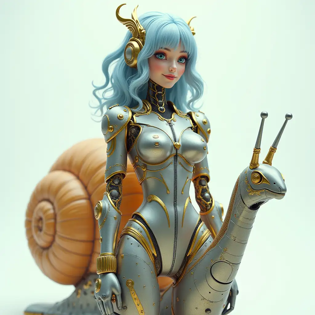 surreal, High-speed, futuristic snail, Steampunk Airport double exposure: The style is cyberpunk. A beautiful queen robot and a king-level demon stand in the center of the picture, smiling and bright-eyed. She is wearing a gold and silver tights, and her accessories are shining with metallic luster. Her hair is silver-blue and slightly curly, adding a sense of mystery. The background is simple, highlighting her nobility and futuristic sense of technology.