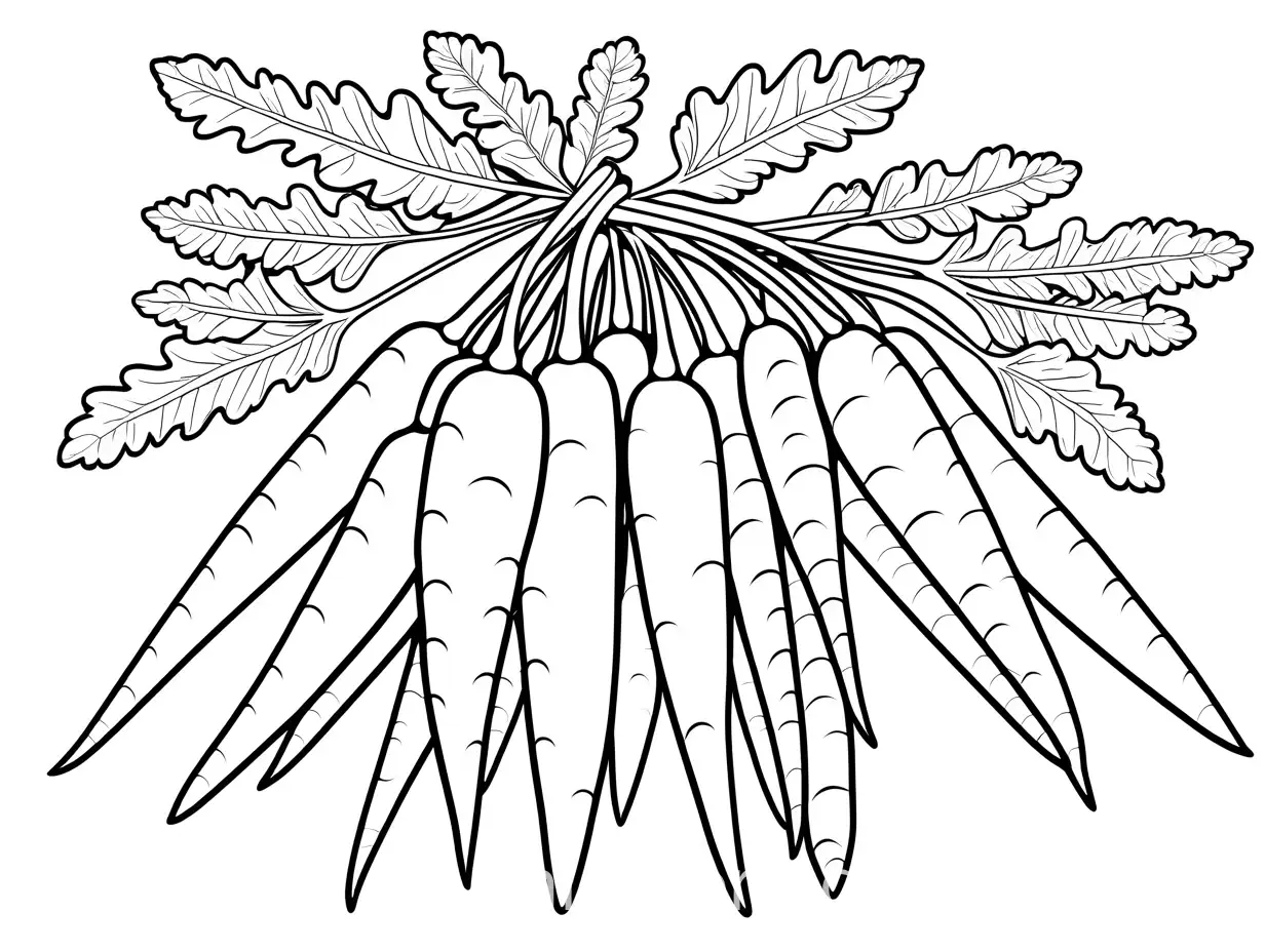 carrots, Coloring Page, black and white, line art, white background, Simplicity, Ample White Space. The background of the coloring page is plain white to make it easy for young children to color within the lines. The outlines of all the subjects are easy to distinguish, making it simple for kids to color without too much difficulty